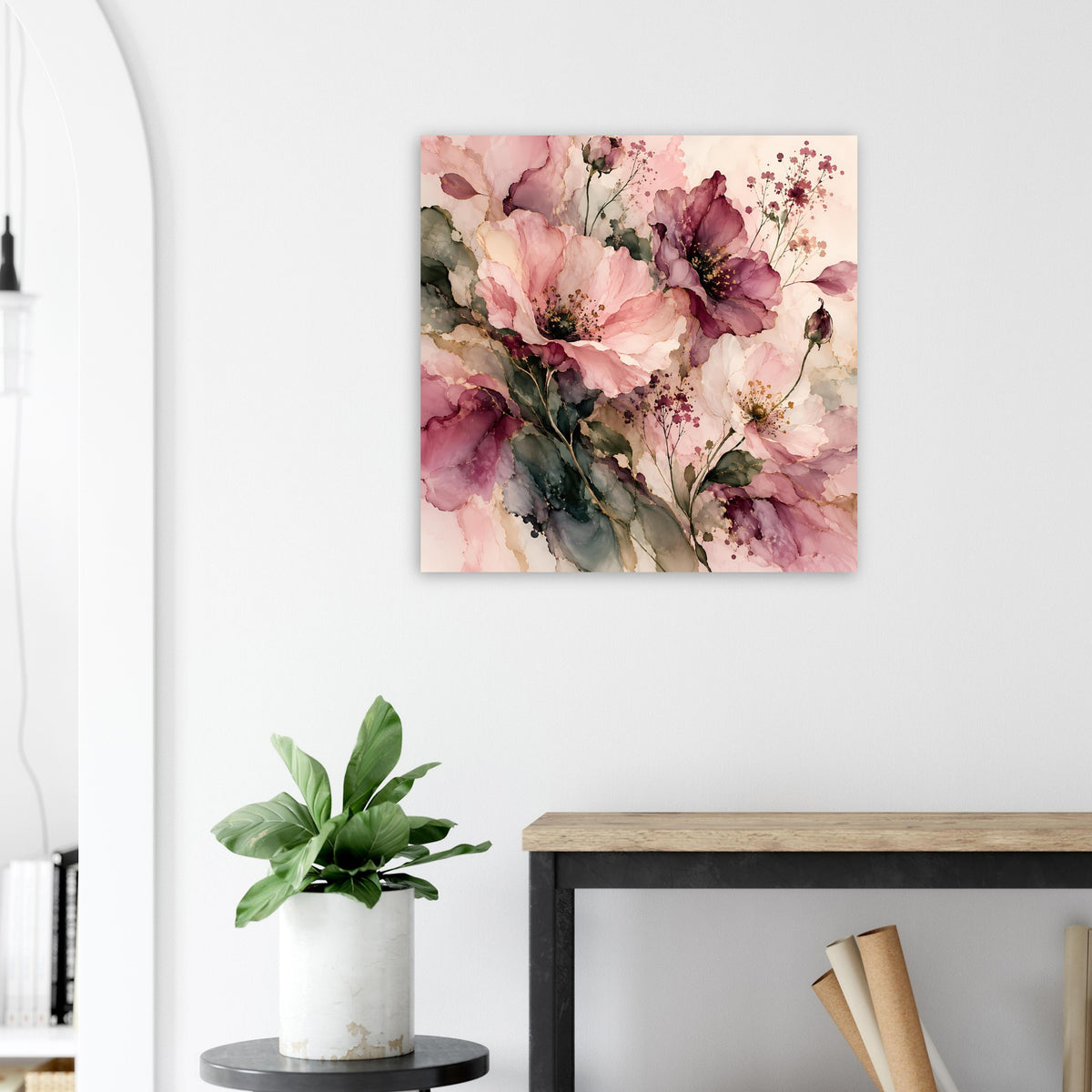 Blumenposter mit Blumenstrauß in Rosa und Burgunderrot, feinen Punkten und Zweigen