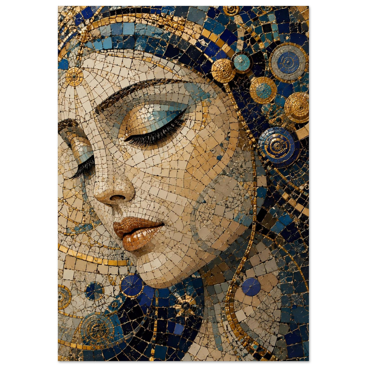 Poster mit Mosaikbild einer Frau, Blick zur Seite, blau-goldene Ornamente und goldene Akzente