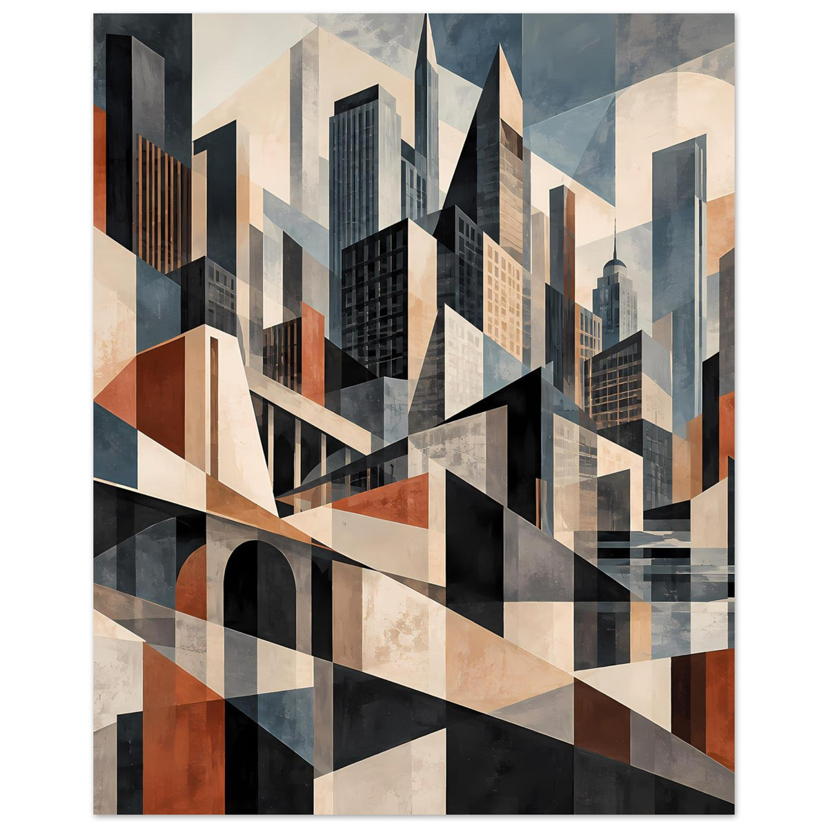 Architekturposter im Hochformat mit geometrischen Hochhäusern in Erdtönen und Blautönen