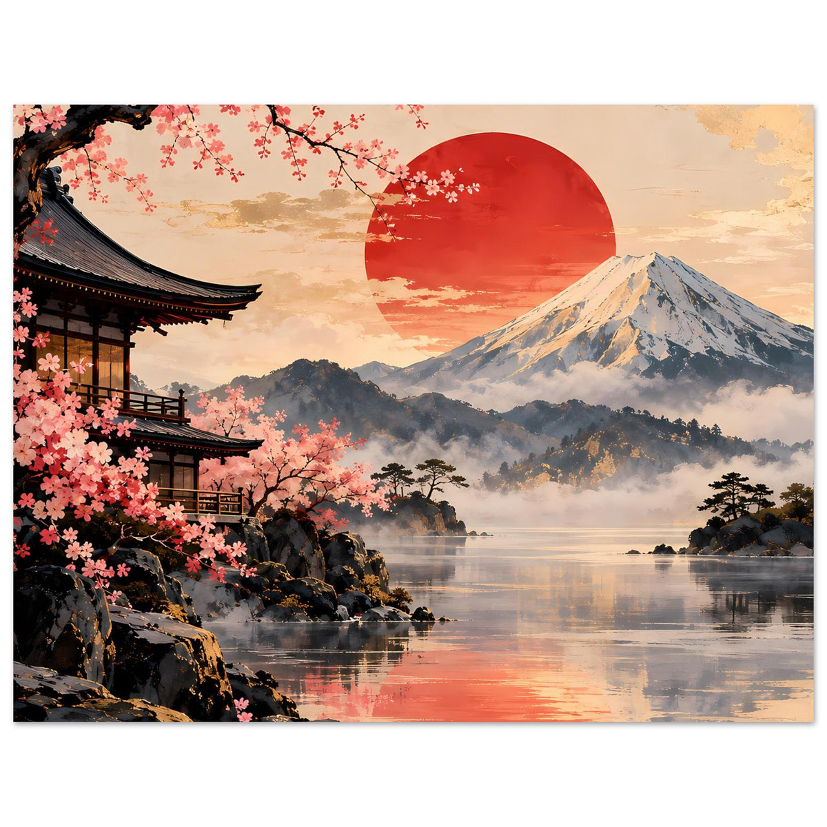Poster: Japan-Landschaft mit Fuji, roter Sonne, Kirschblüten am Tempel und See-Reflexion