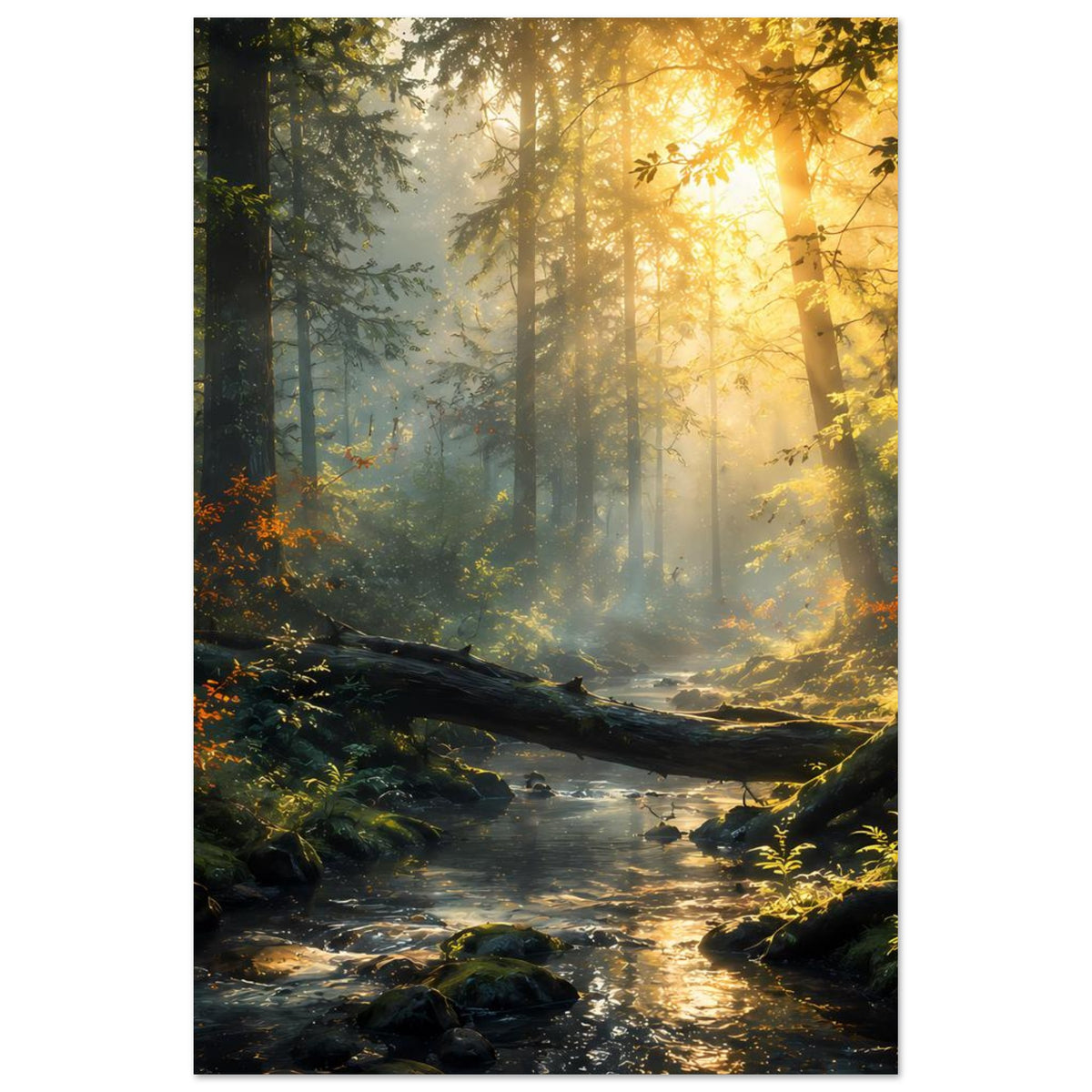 Vertikales Poster mit Waldstrom im Lichtkegel, Baumstämme, Blätter und Felsen im Vordergrund