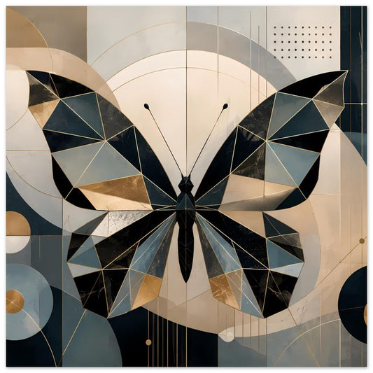 Geometrisches Schmetterlingsposter: schwarze Facetten, Petrol- und Goldtöne.