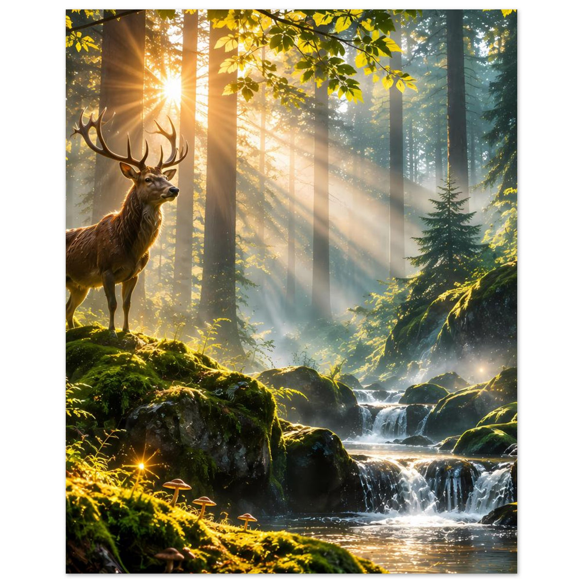 Wandposter im Hochformat: Hirsch links auf Fels, Wasserfall rechts unten, Sonnenlicht