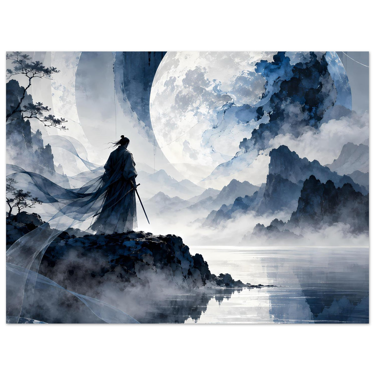 Mattes Poster, horizontales Motiv: Samurai am Fels, Schwert in der Hand, Mond, Gebirge und Nebel.