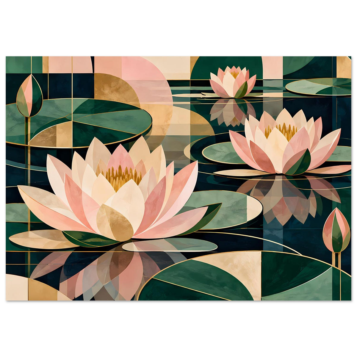 Lotusposter im Querformat mit Seerose in Creme-Rosa und grünen Blättern im Rasterlook