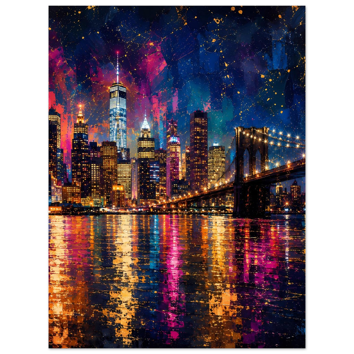 Stadtposter mit leuchtender Skyline und Hängebrücke bei Nacht, farbige Lichtreflexe im Wasser