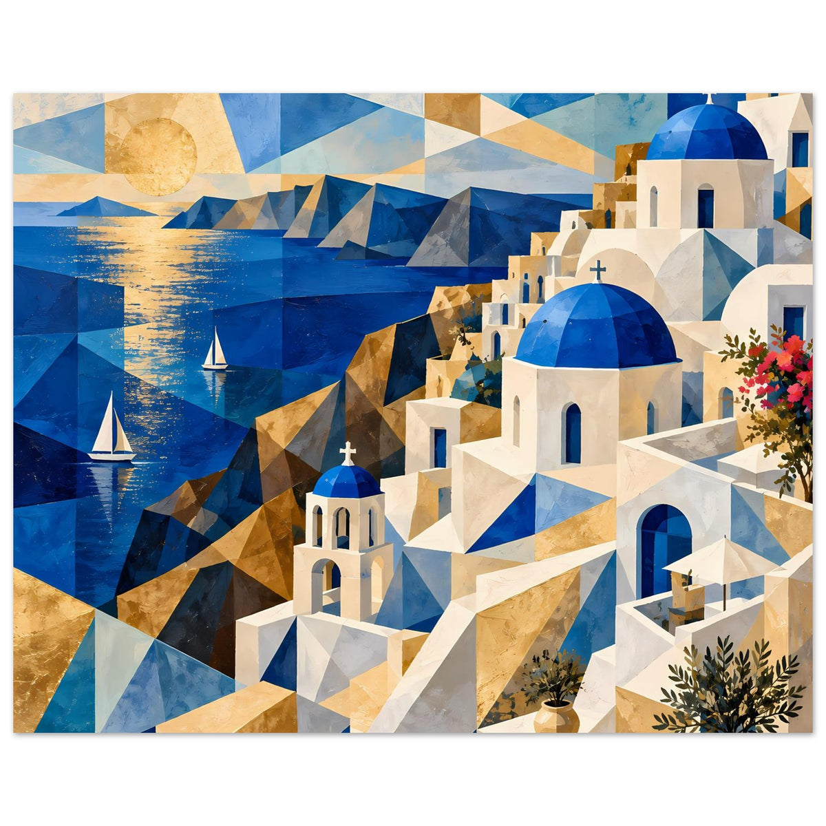 Geometrisches Poster im Querformat mit blauen Kuppelbauten, goldenen Flächen und Blumen rechts