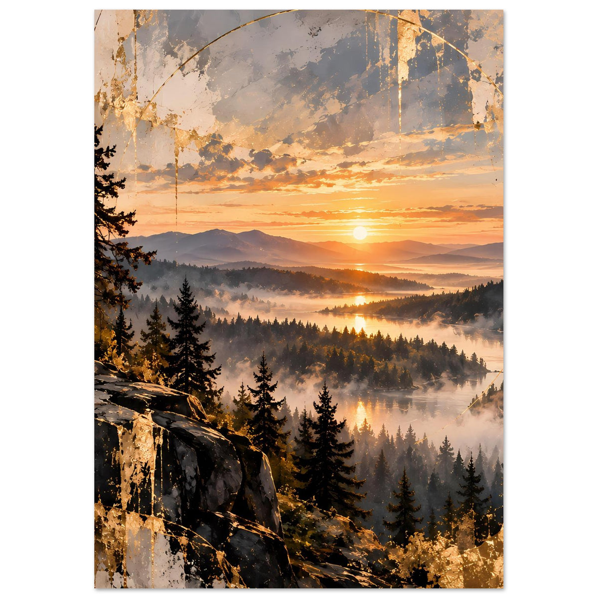 Landschaftsposter: Sonnenuntergang über Nebelwald, Tannenreihen und markante Felskante