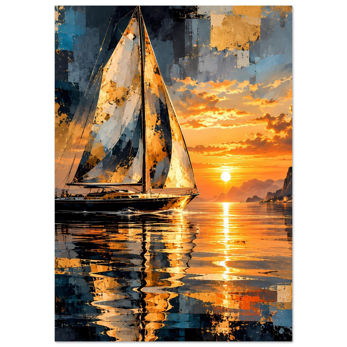 Hochformat-Poster mit Segelboot, Sonne mittig und Spiegelung auf dem Wasser