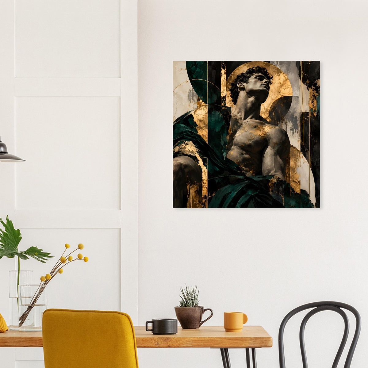 Barockes Kunstposter mit Porträtfigur, dunkelgrünem Stoff und goldenen Rahmen-Details