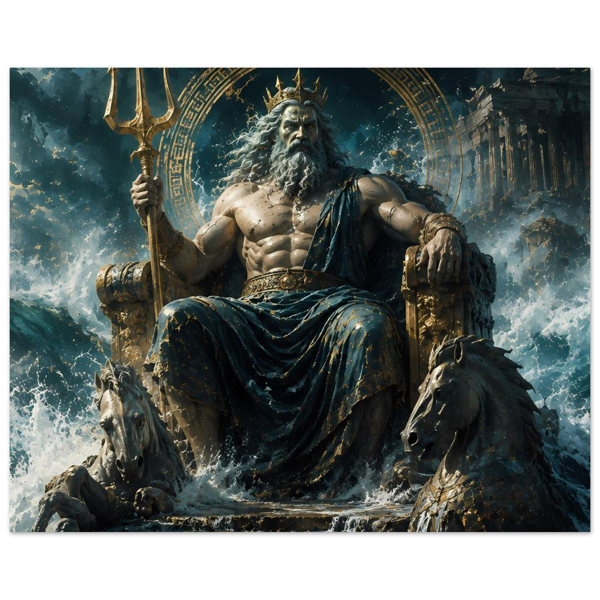 Poster mit Poseidon und zwei Pferden, Dreizack, Meerwasser und goldene Ornamente