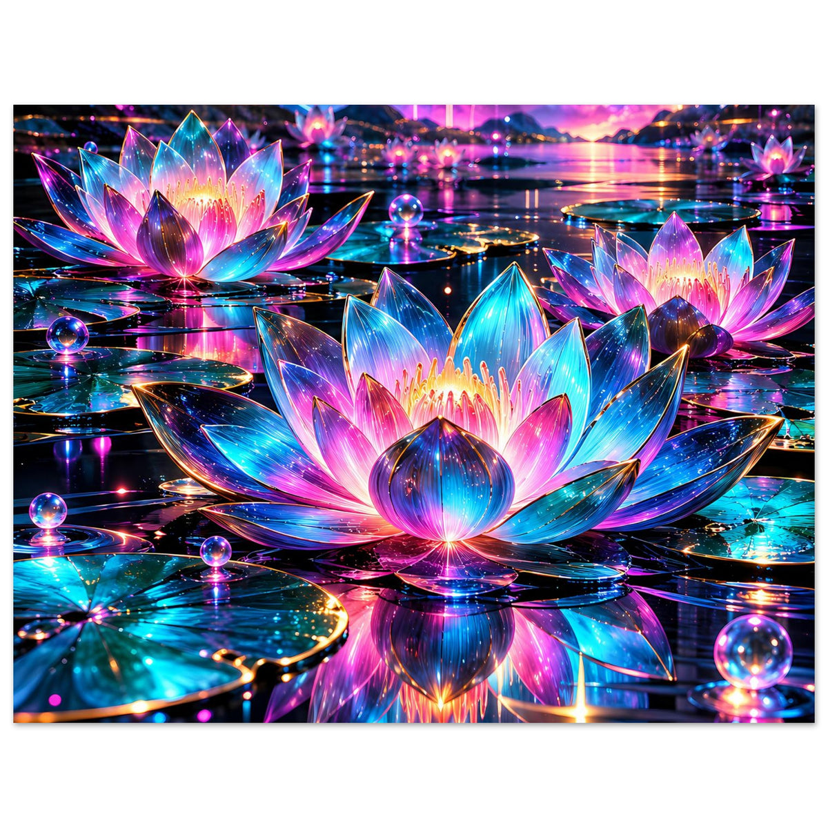 Poster mit leuchtendem Lotus-Motiv, horizontale Ansicht, bunte Neonblüten auf spiegelnder Wasserfläche