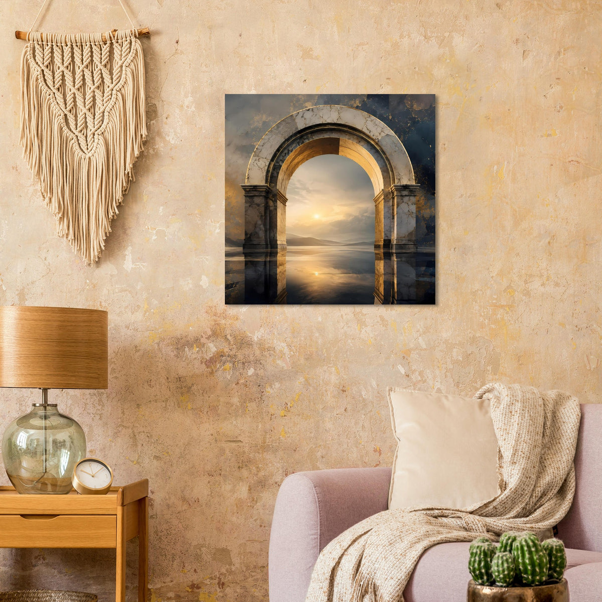 Poster mit antikem Bogen aus Marmor, Sonnenaufgang über spiegelnder Wasseroberfläche