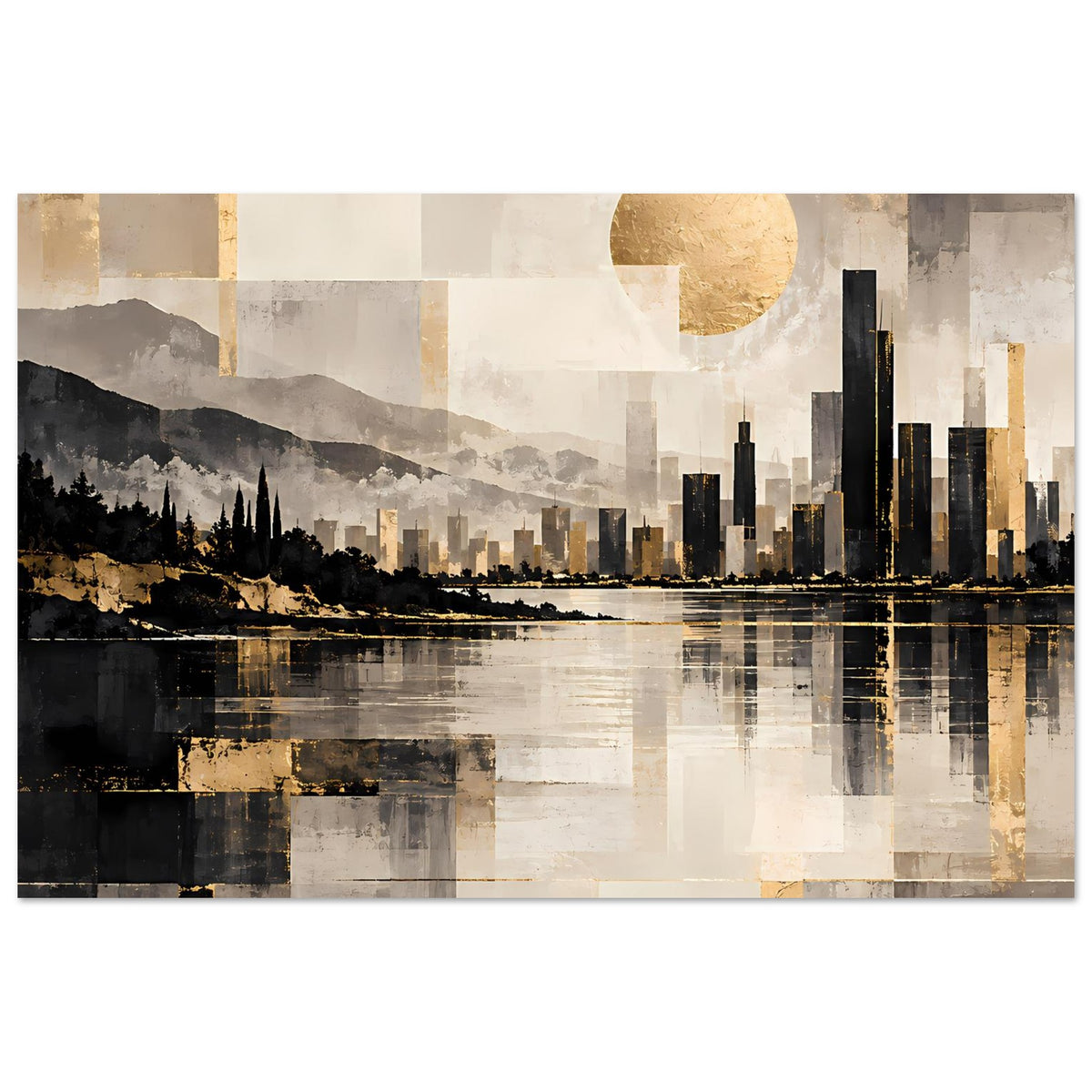 Stadtlandschaftsposter im Panoramaformat: goldene Akzente, Skyline und Spiegelung