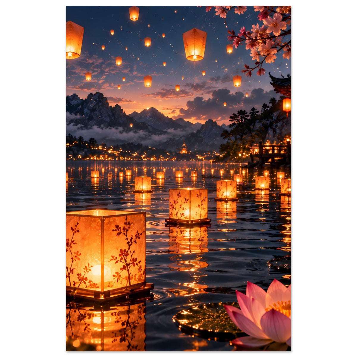 Poster mit Fokus auf große Laterne vorne und leuchtende Lampions am Fluss