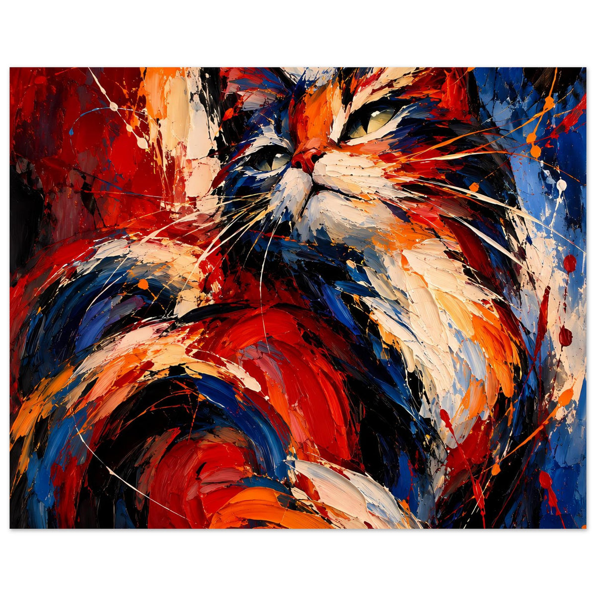 Abstraktes Katzen-Poster: dynamische Pinselstriche in Rot, Blau, Orange und Weiß