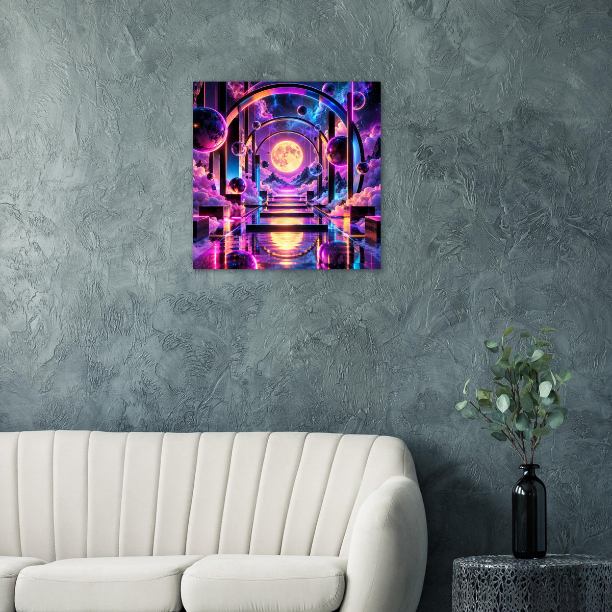 Wandposter mit Leuchtportal über dunklem Hintergrund: orangefarbener Planet, violette Farbflächen