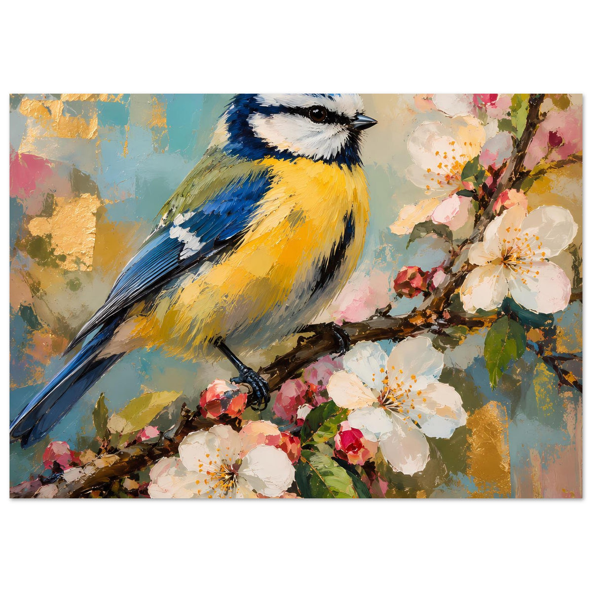 Vogelkunst-Poster: blaue Kohlmeise auf Ast, weiße Blüten und rosafarbene Blütenknospen