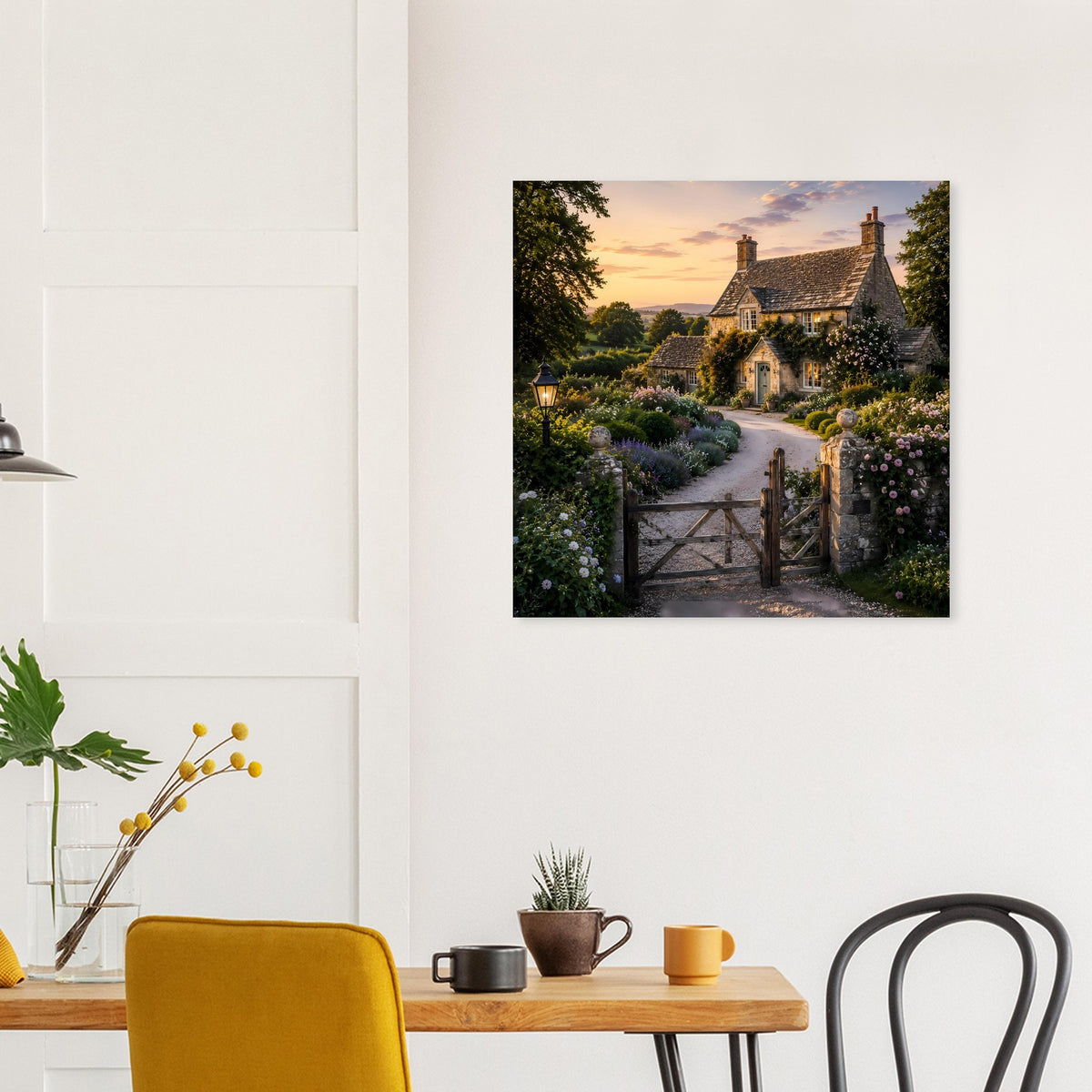 Quadratisches Poster mit Landhausgarten, Weg und Torzaun im warmen Abendlicht