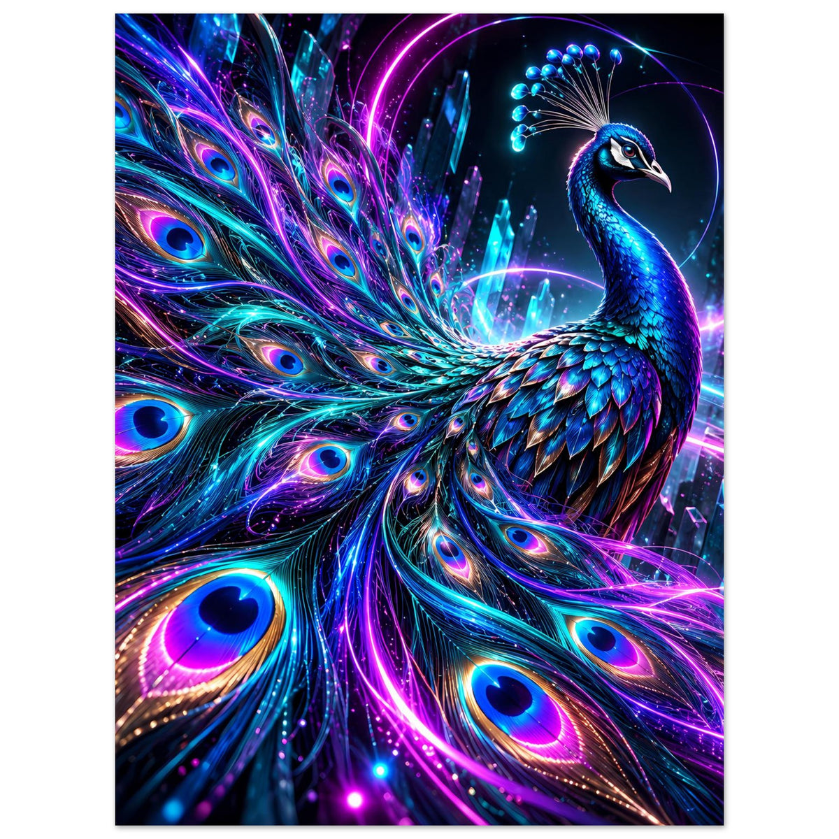 Neonfarbiges Pfau-Poster im Hochformat mit leuchtenden Pfaufedern in Blau, Lila und Pink