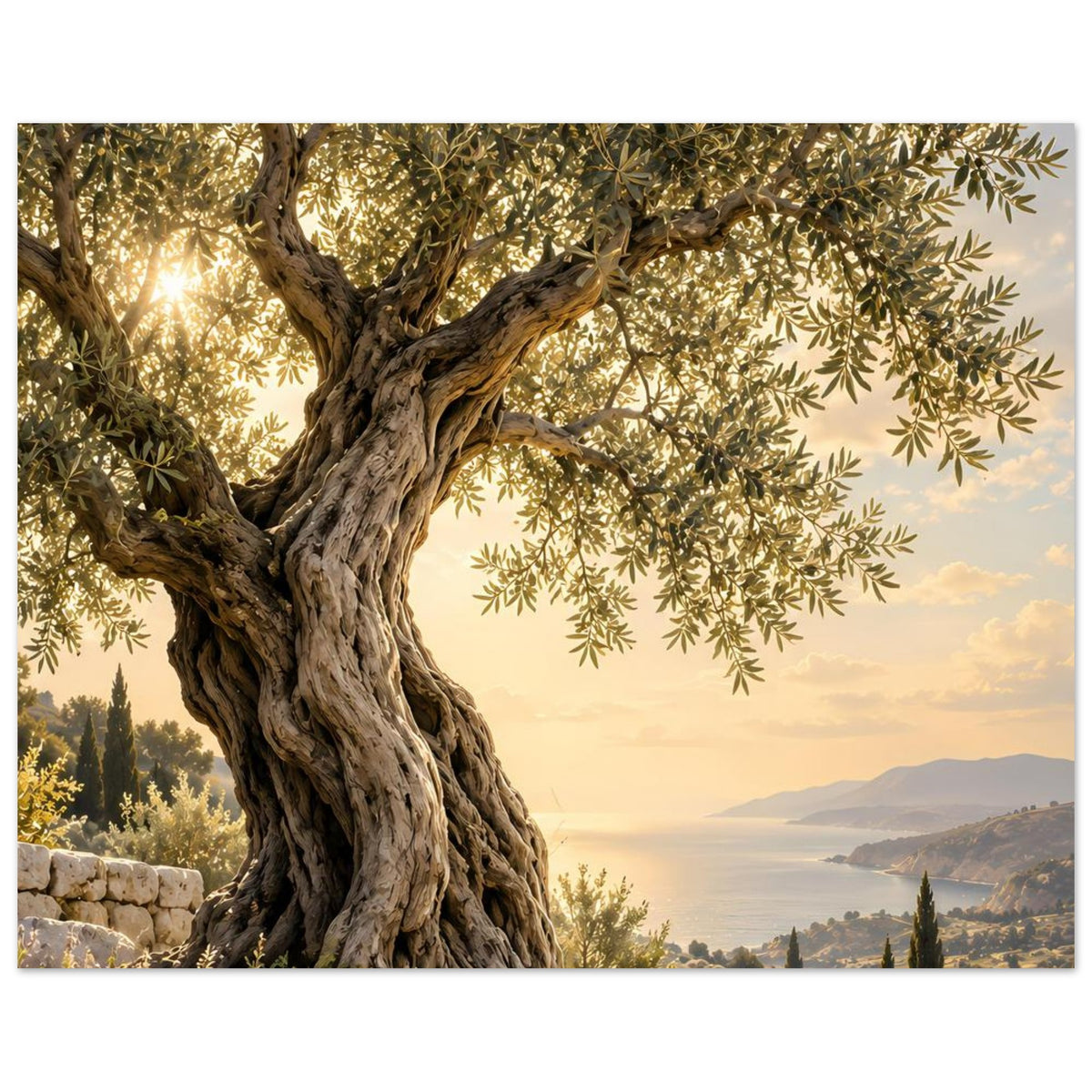 Poster: alter Olivenbaum mit ausladender Krone, Meer und Hügel im Hintergrund