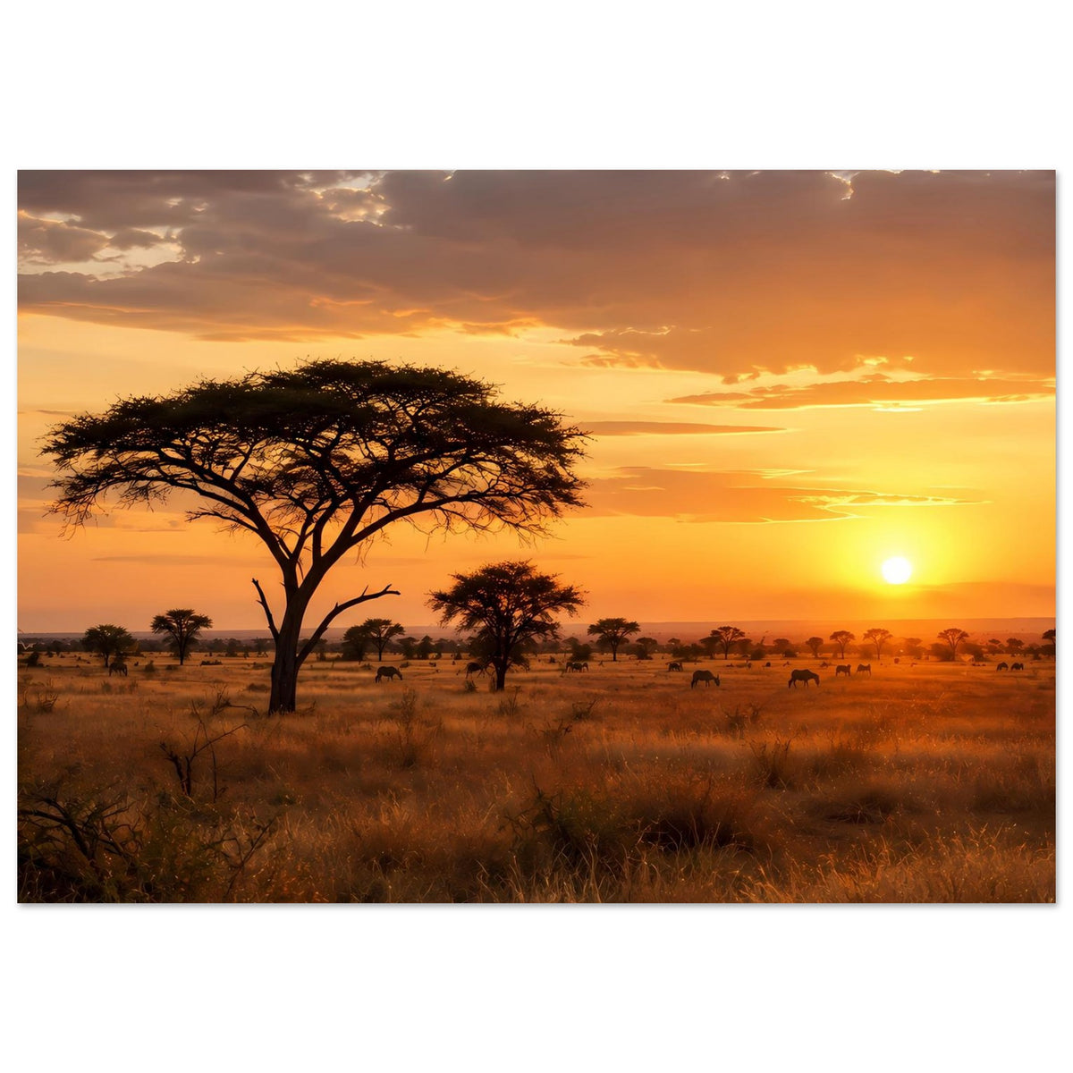 Poster mit Akazienbaum in der Savanne bei Sonnenuntergang, Sonne am Horizont
