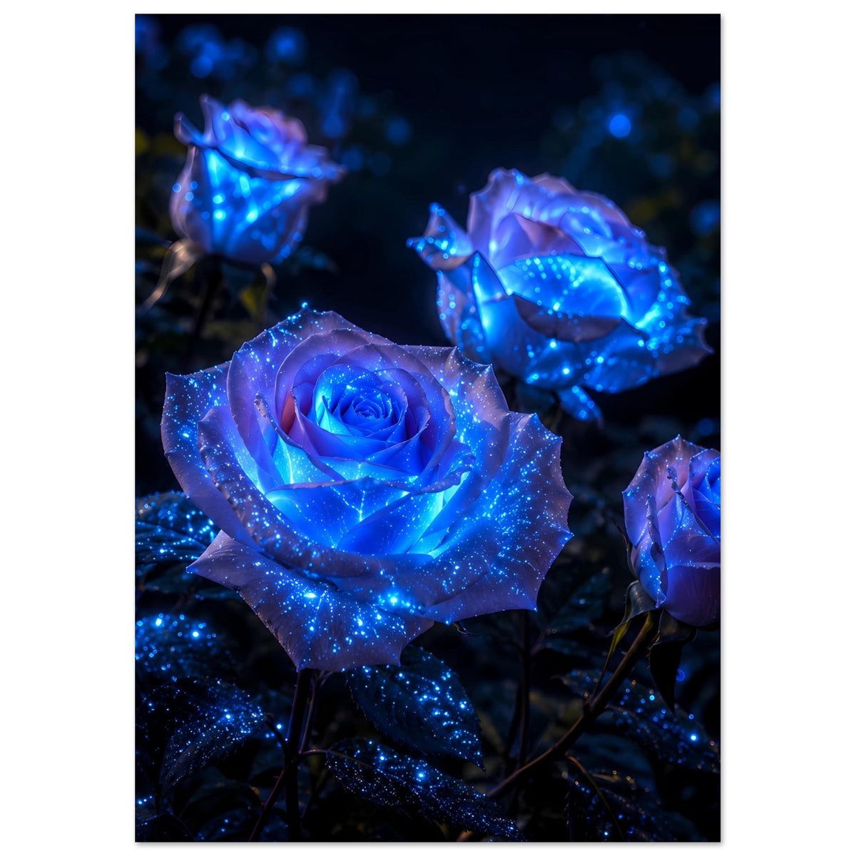 Blaues Rosen-Poster mit zentraler leuchtender Rose und zwei weiteren blauen Rosen