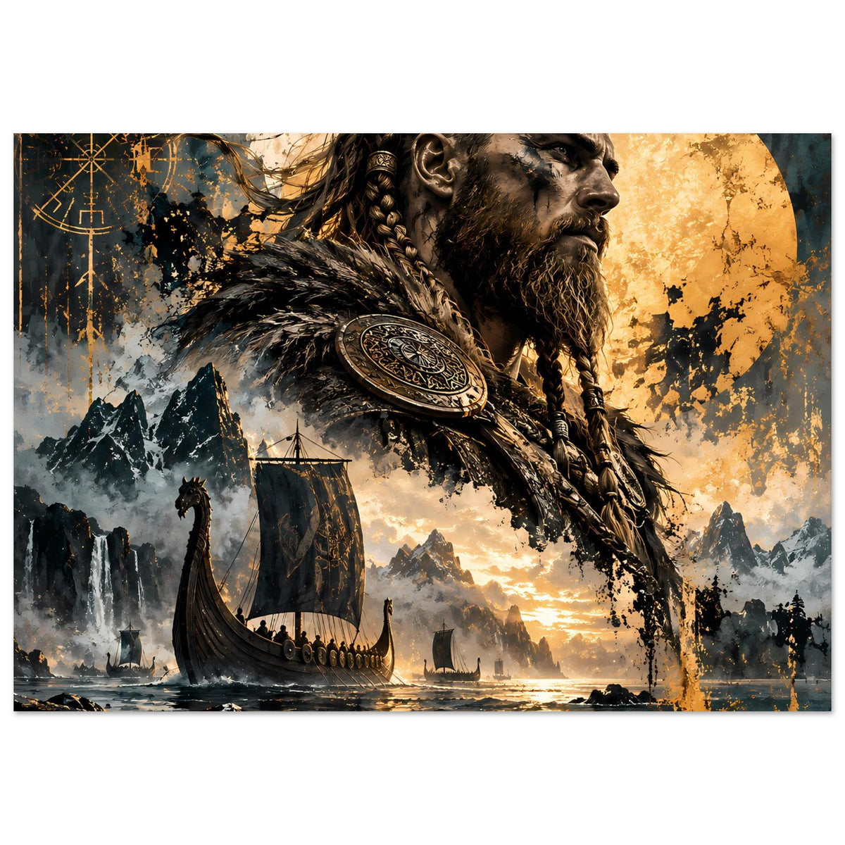 Poster mit Wikingerkrieger-Profil, geflochtenem Bart und Fellumhang, Schild und Wikingerschiff.