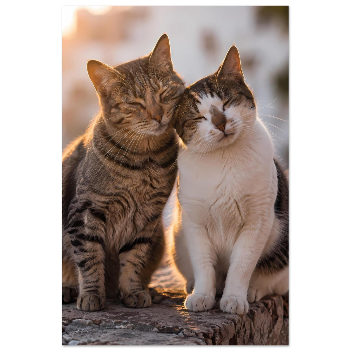Poster mit zwei sitzenden Katzen, braun gestreift und weiß, beide Augen geschlossen