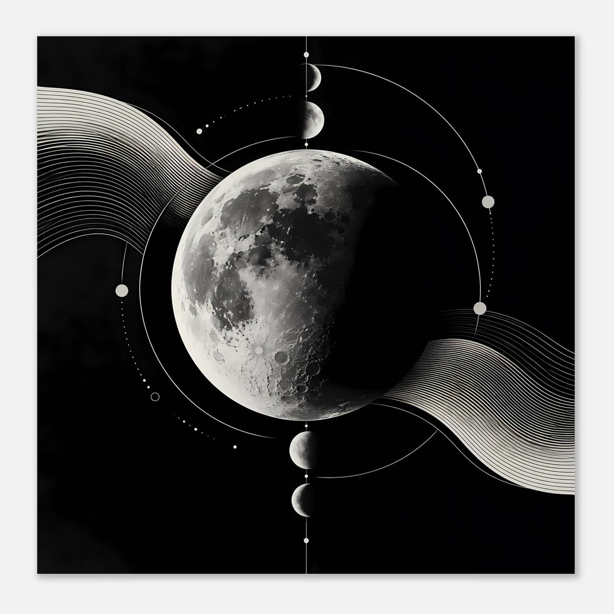 Hochformat-Poster mit Mondmotiv: silberner Mond, Kreise, Wellenlinien und Punktreihen