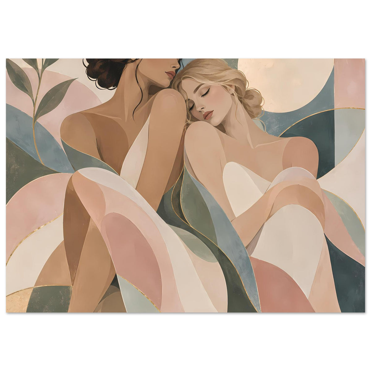 Poster mit zwei Frauen in Pastellfarben, fließenden Linien und floralen Elementen