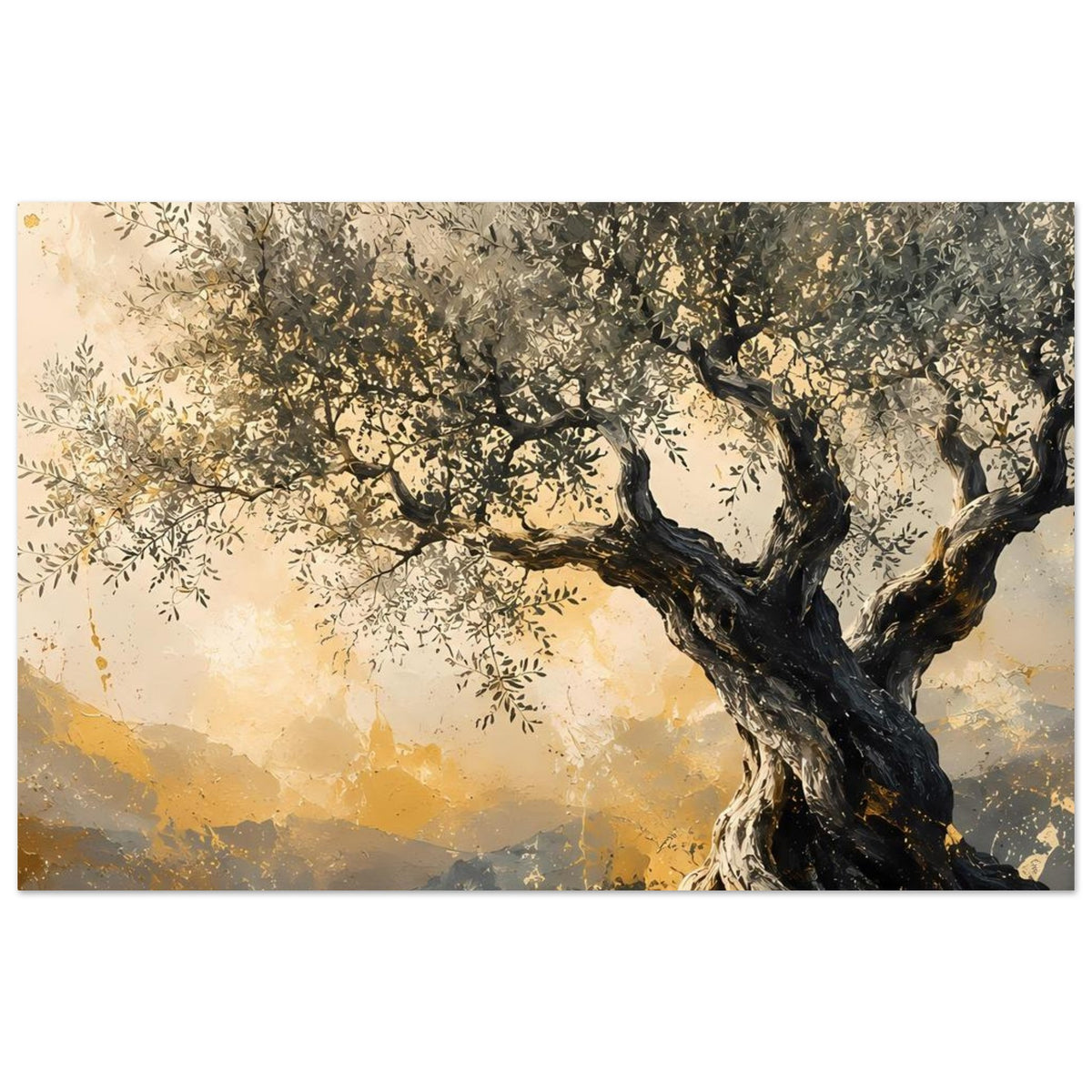 Horizontales Poster: Olivenbaum mit dunklem Stamm, belaubten Ästen und goldenen Hügeln