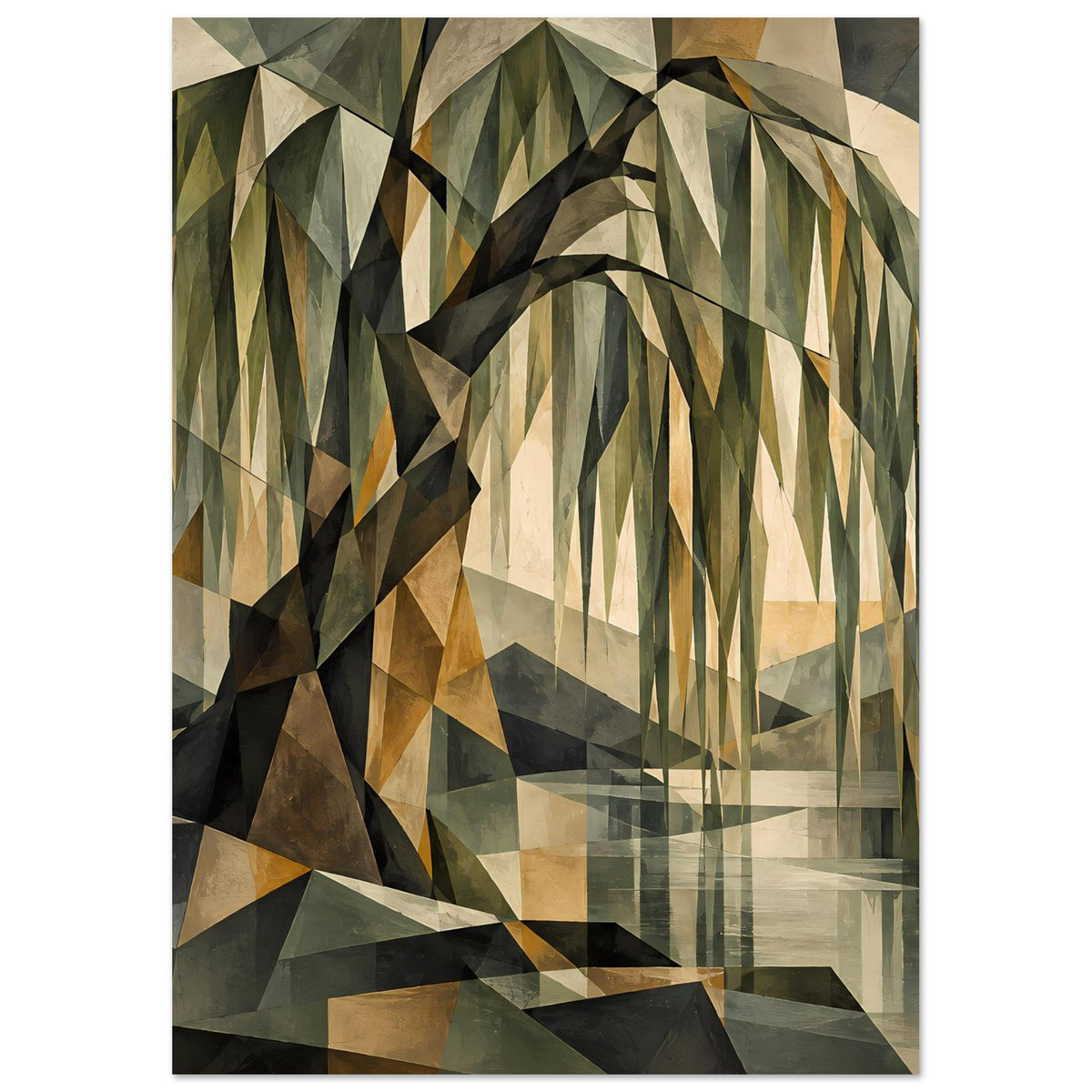 Poster mit geometrischem Weidenbaum, viel Grün und Beige, strukturierte Dreiecksformen
