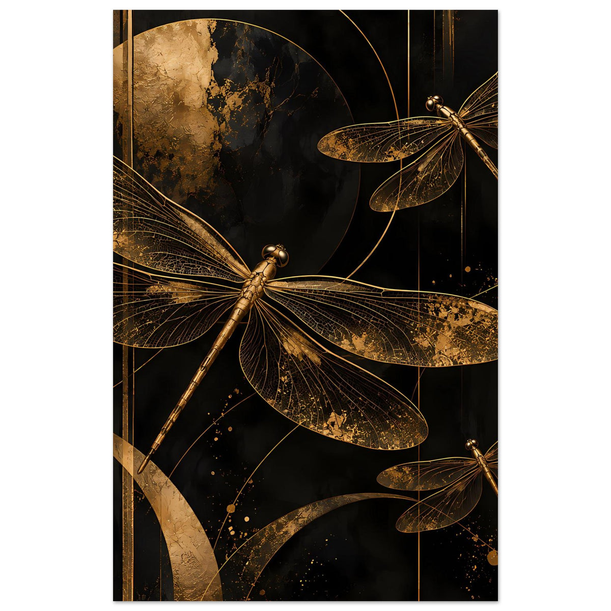 Rechteckiges Poster mit goldener Libelle mittig und weiteren Libellen im Hintergrund