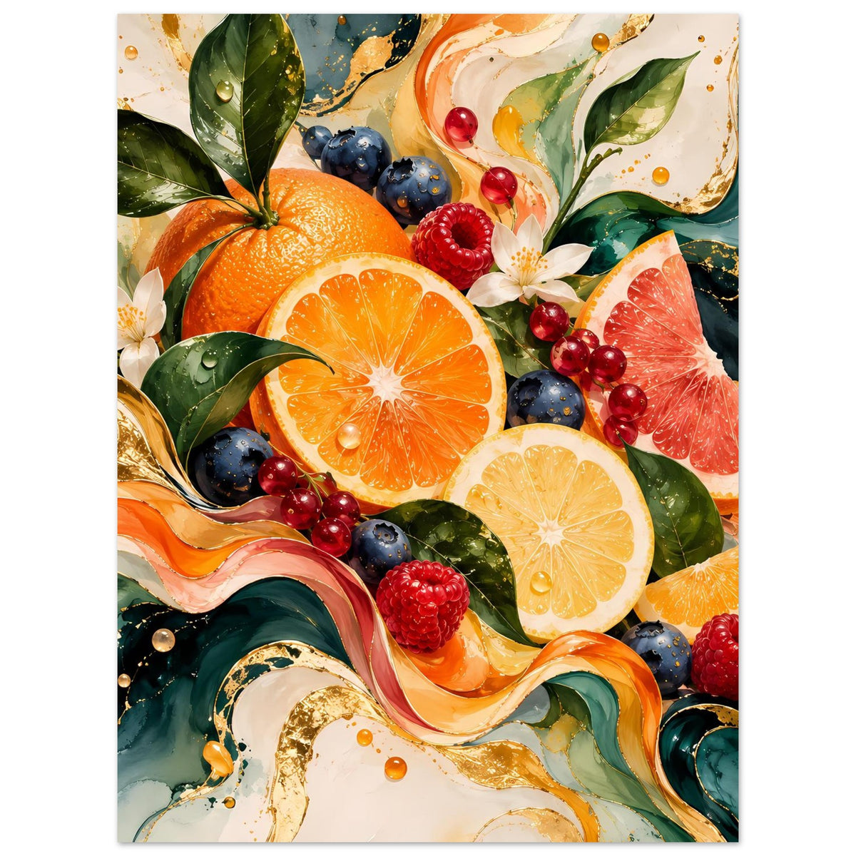 Rechteckiges Poster mit Früchte-Design aus Orangen, Zitronen, Beeren und grünen Blättern