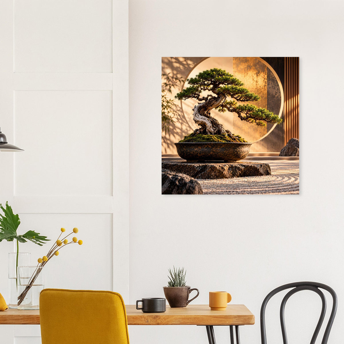 Bonsai-Zen-Garten-Poster an weißer Wand, quadratisch: Bonsai im runden Goldhintergrund