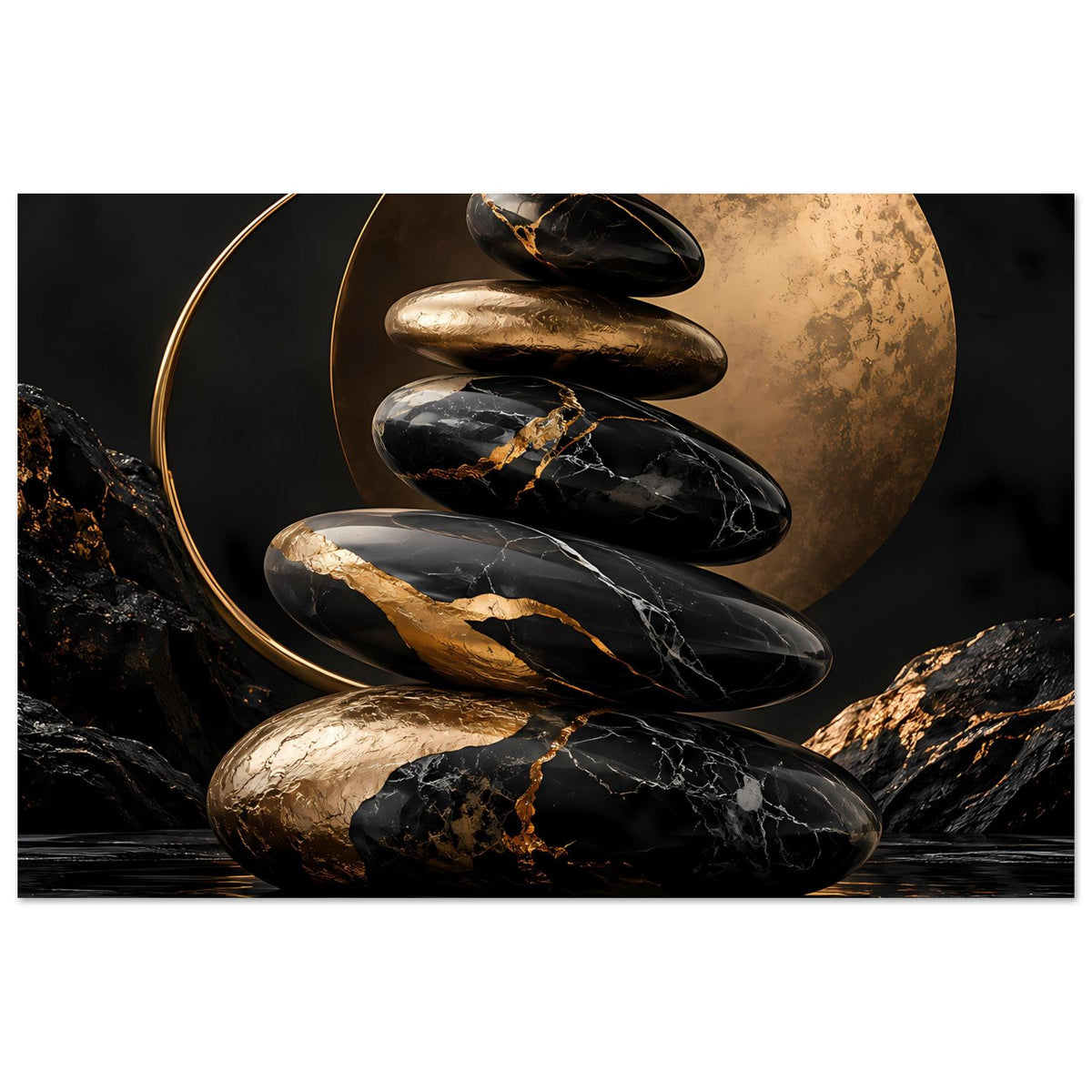 Poster mit Zen-Steinen in Schwarz und Gold, Marmoroptik mit feinen Adern