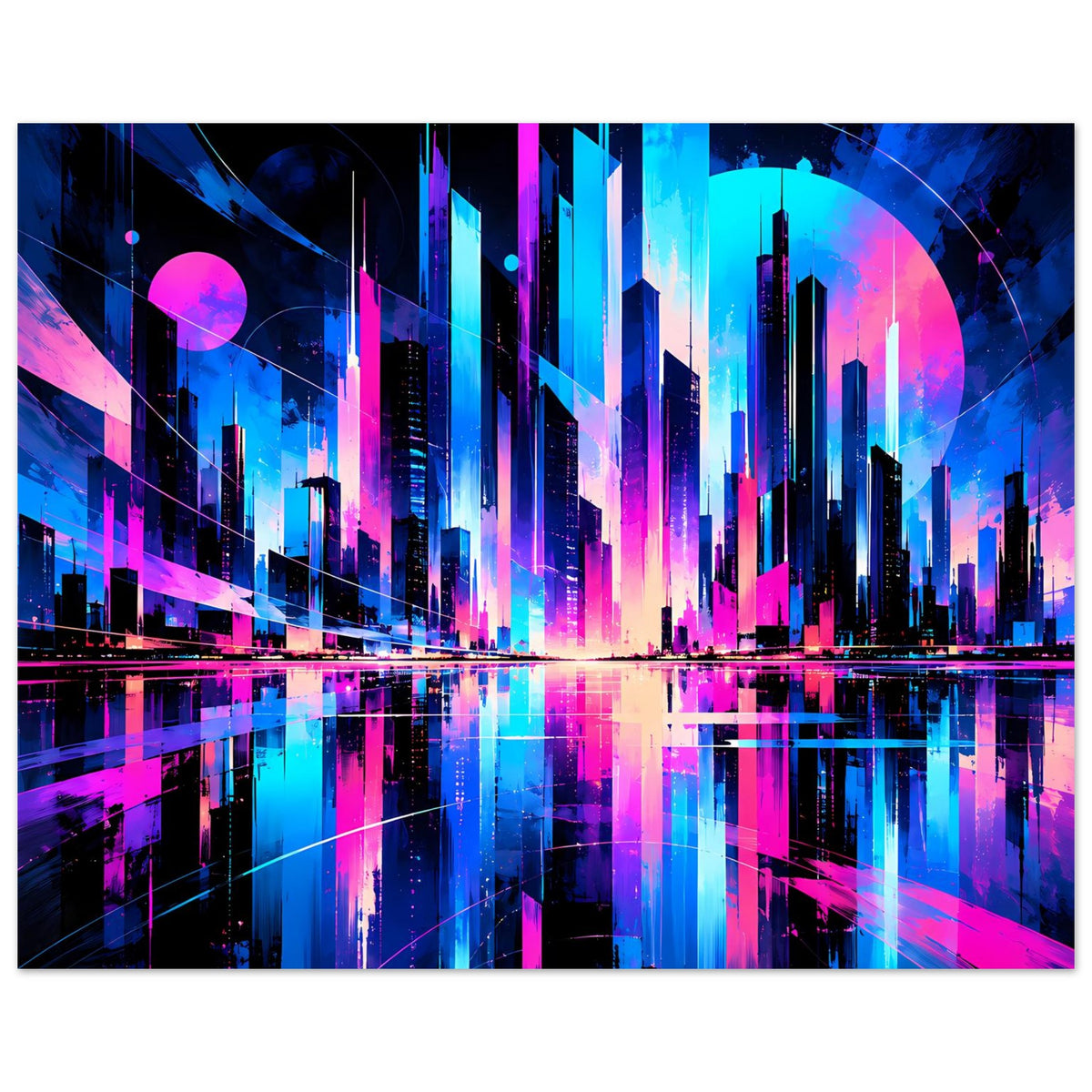 Neon-Stadtlandschafts-Poster, Querformat, blaue und pinke Hochhäuser mit reflektierender Fläche