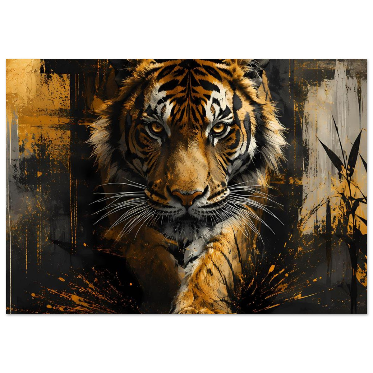 Tigerposter im Querformat: Tigerkopf mit gelben Augen, goldbraunes Fell und feine Schnurrhaare