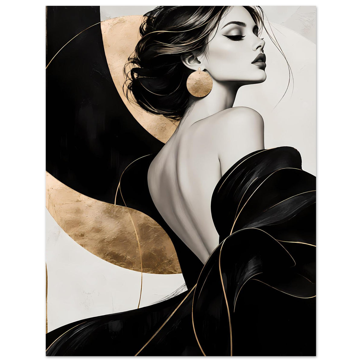 Poster im vertikalen Format: Frau in Schwarz, goldene Ohrringe und geschwungene schwarze Flächen