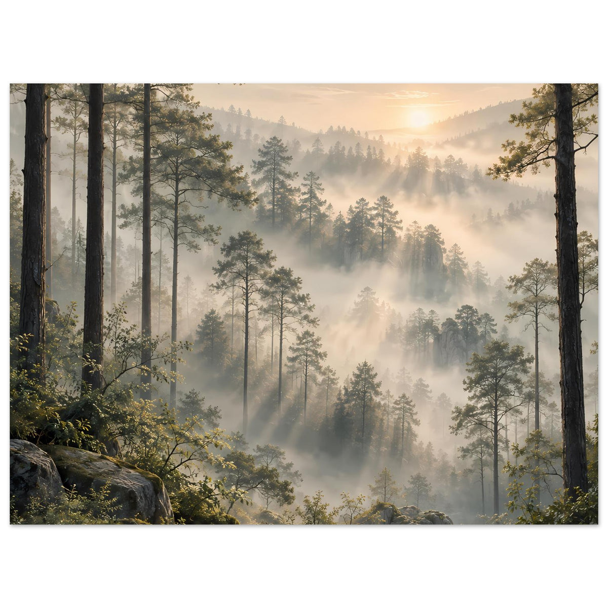 Wandposter mit tiefem Nebelwald, hohen Baumstämmen, Sonnenaufgang und weichem Lichtschimmer