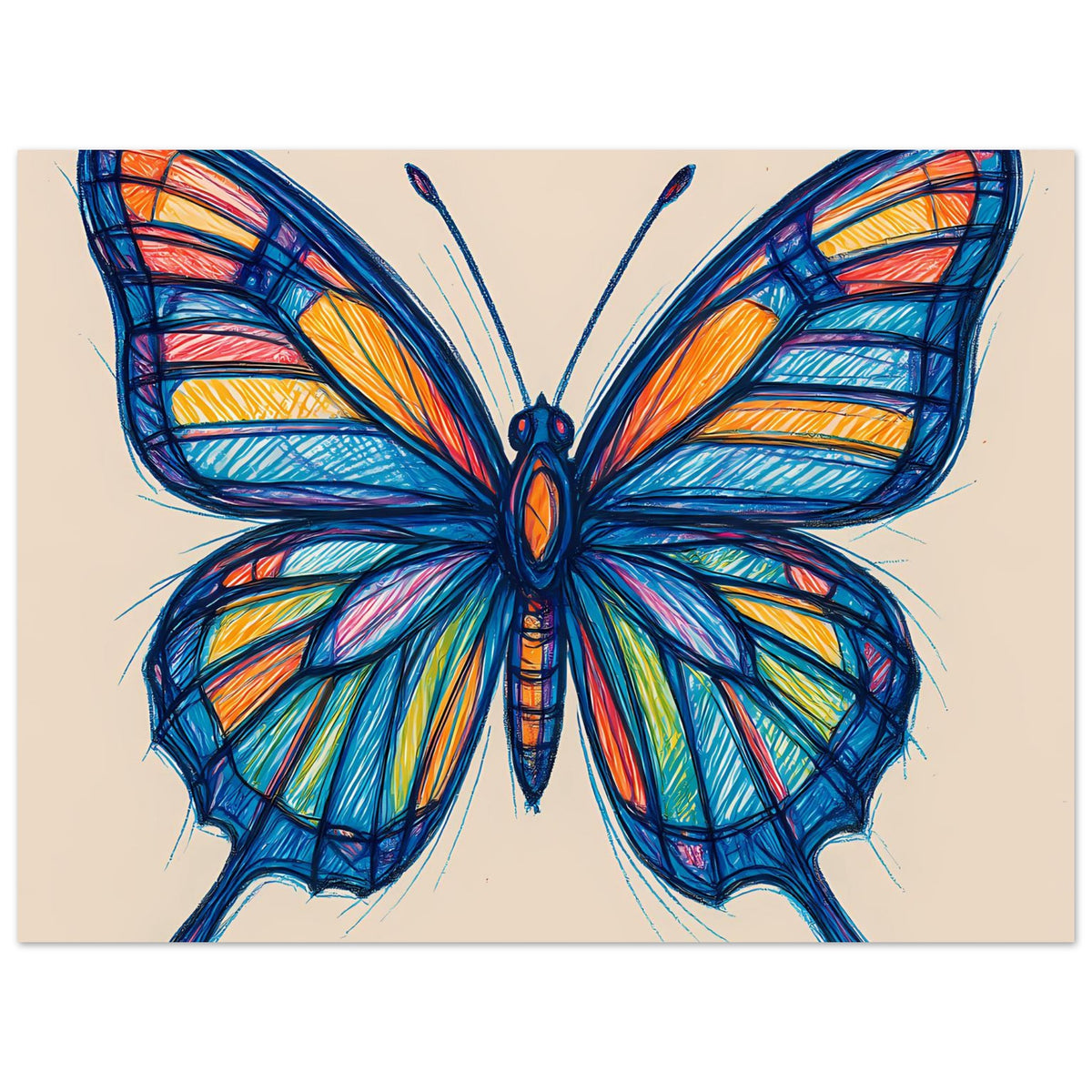 Schmetterlingsposter mit großem Flügelausschnitt, blau dominierend, buntes Motiv, horizontal
