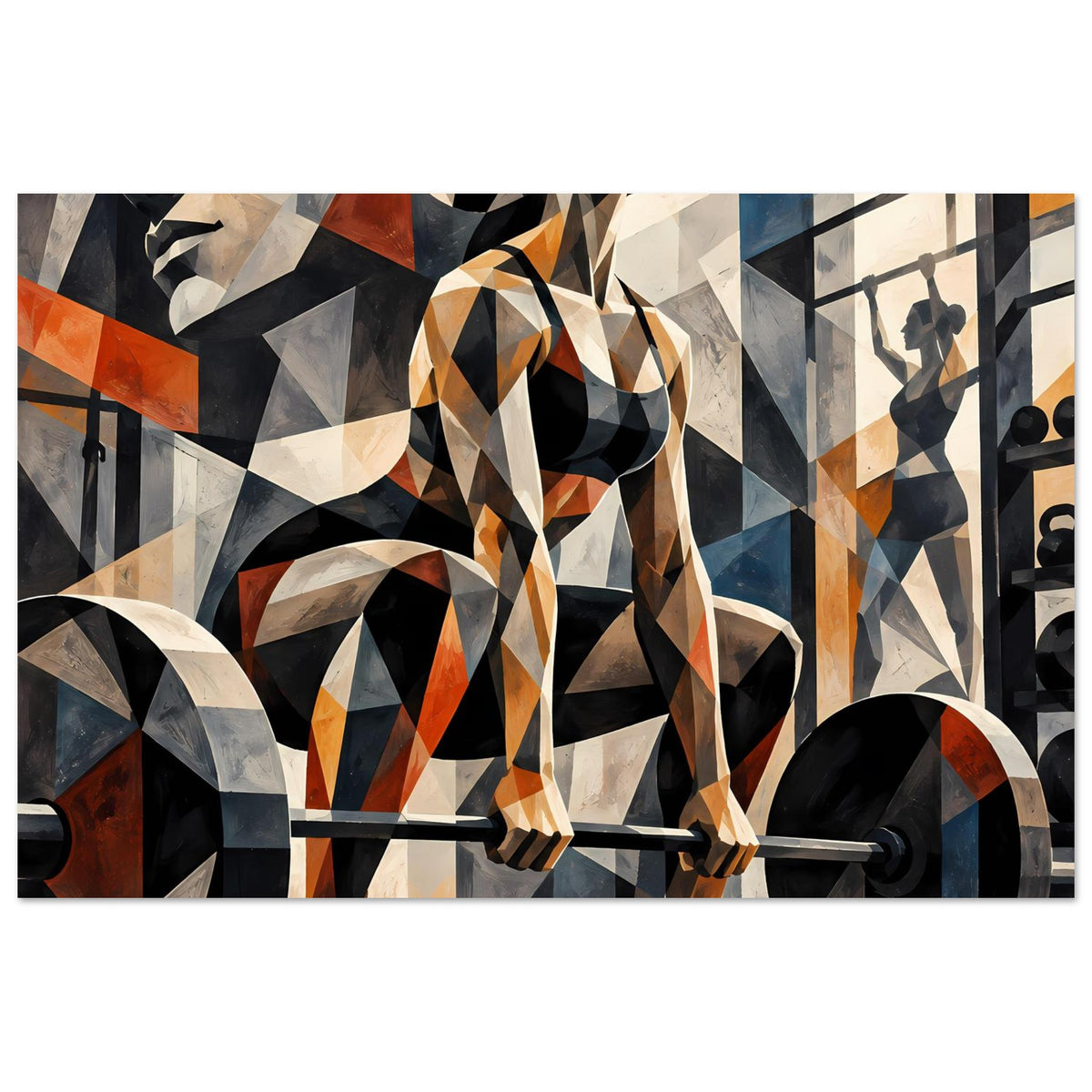 Abstraktes Fitness-Poster: Athlet mit Langhantel, geometrische Muster mit kräftigen orangefarbenen Akzenten