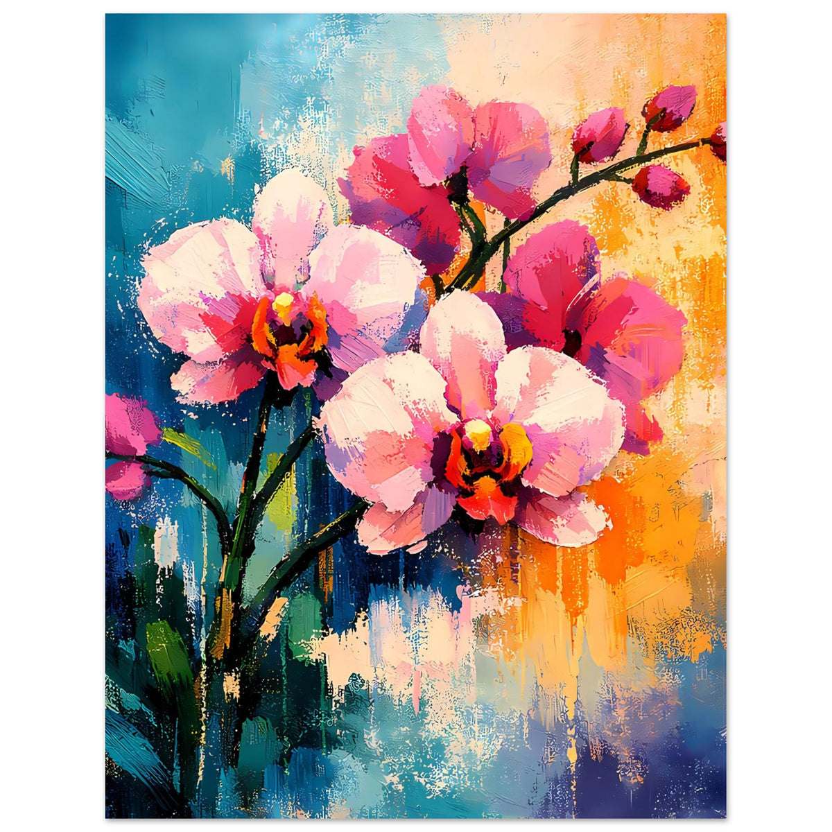 Blumenposter mit abstrakten Blütenbüscheln in Pink, Weiß und Rot auf farbigem Farbverlauf
