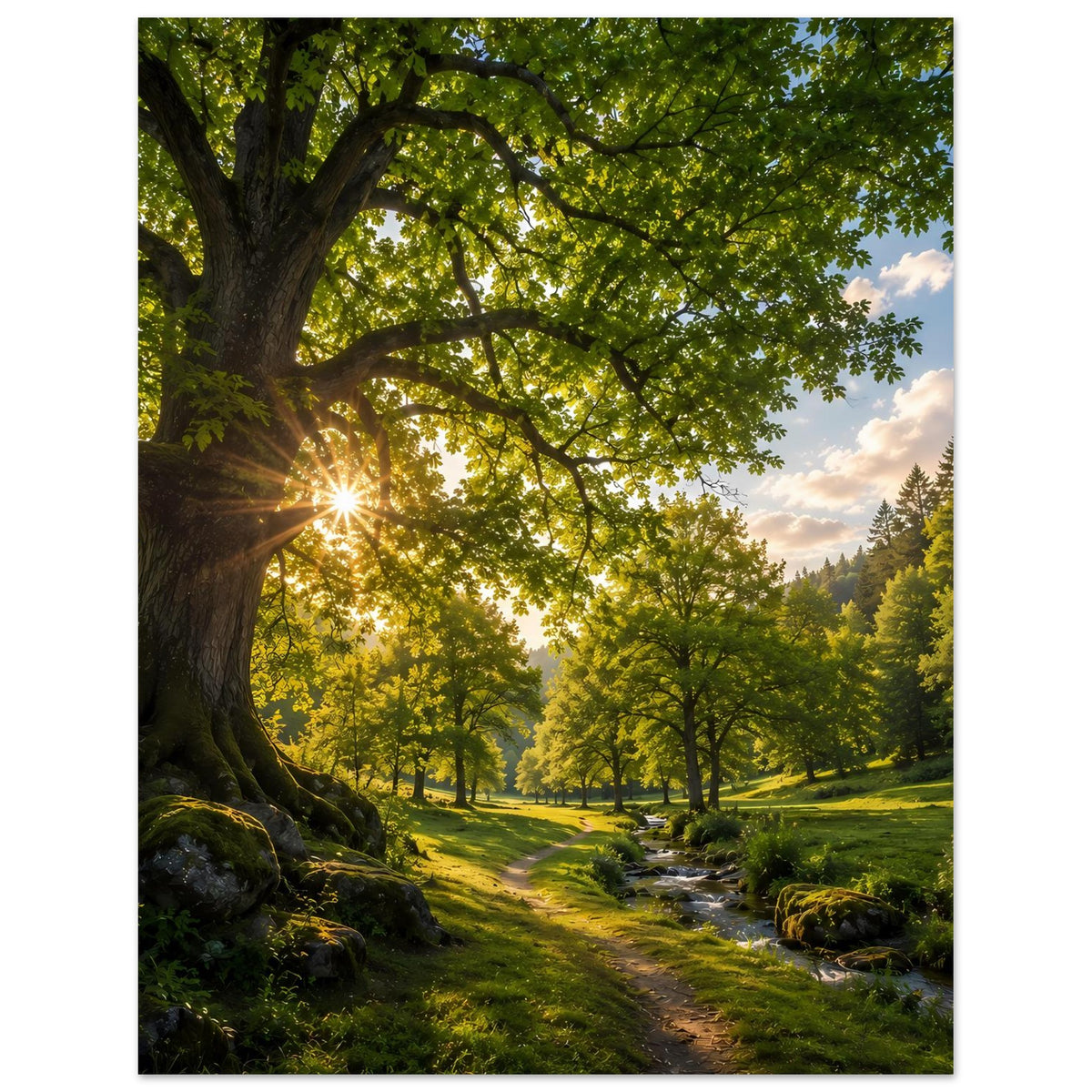 Waldweg-Poster: Baumkrone über grünem Pfad mit Lichtstrahlen und Bach