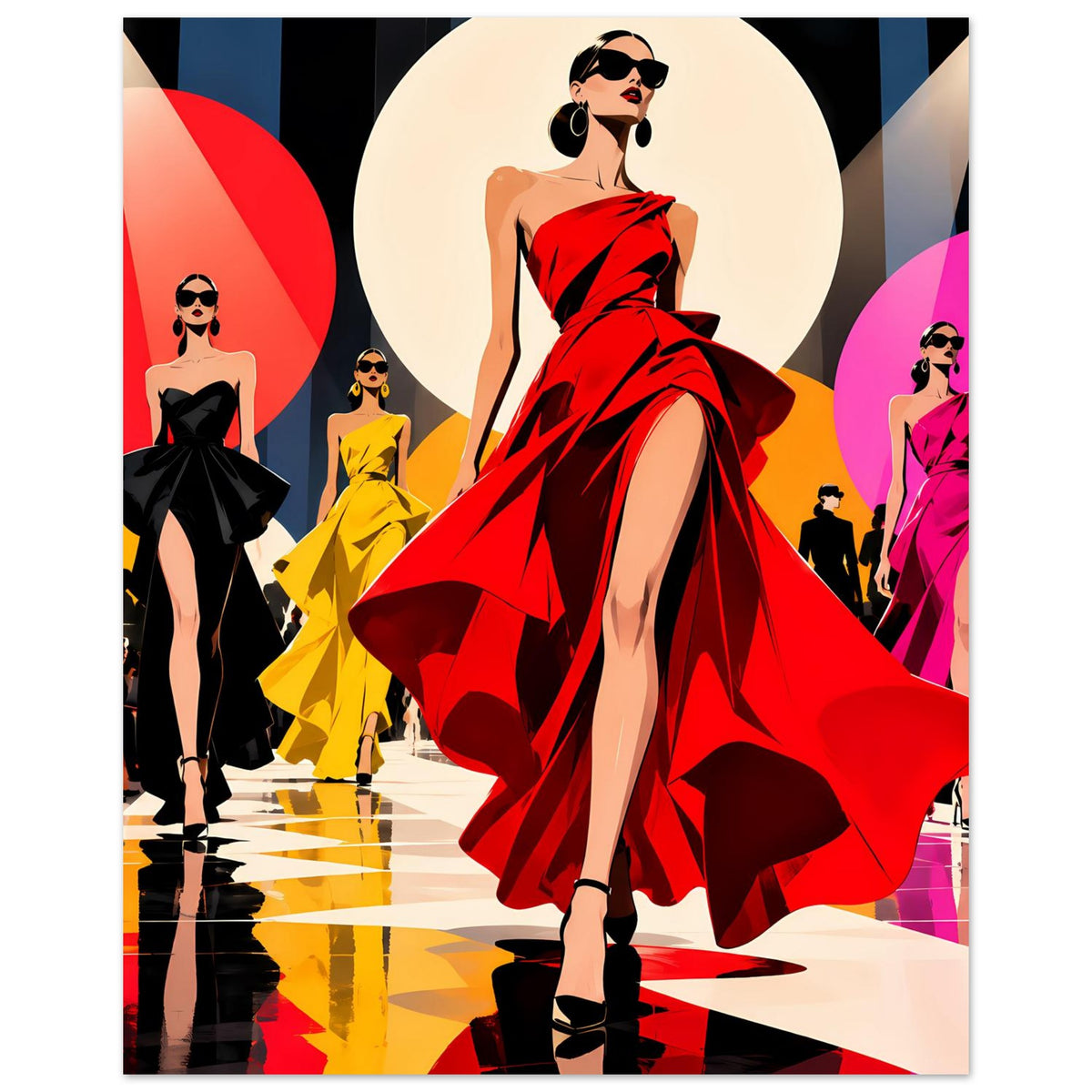 Fashion-Poster im Hochformat: Frau in rotem Kleid, bunte Pop-Art-Modefiguren