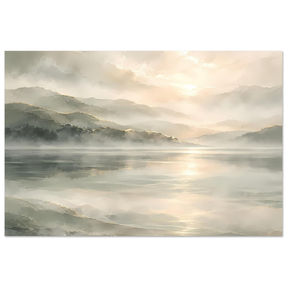 Kunstdruck Poster mit Berglandschaft, Nebelschichten über dem See und goldenem Licht im Querformat
