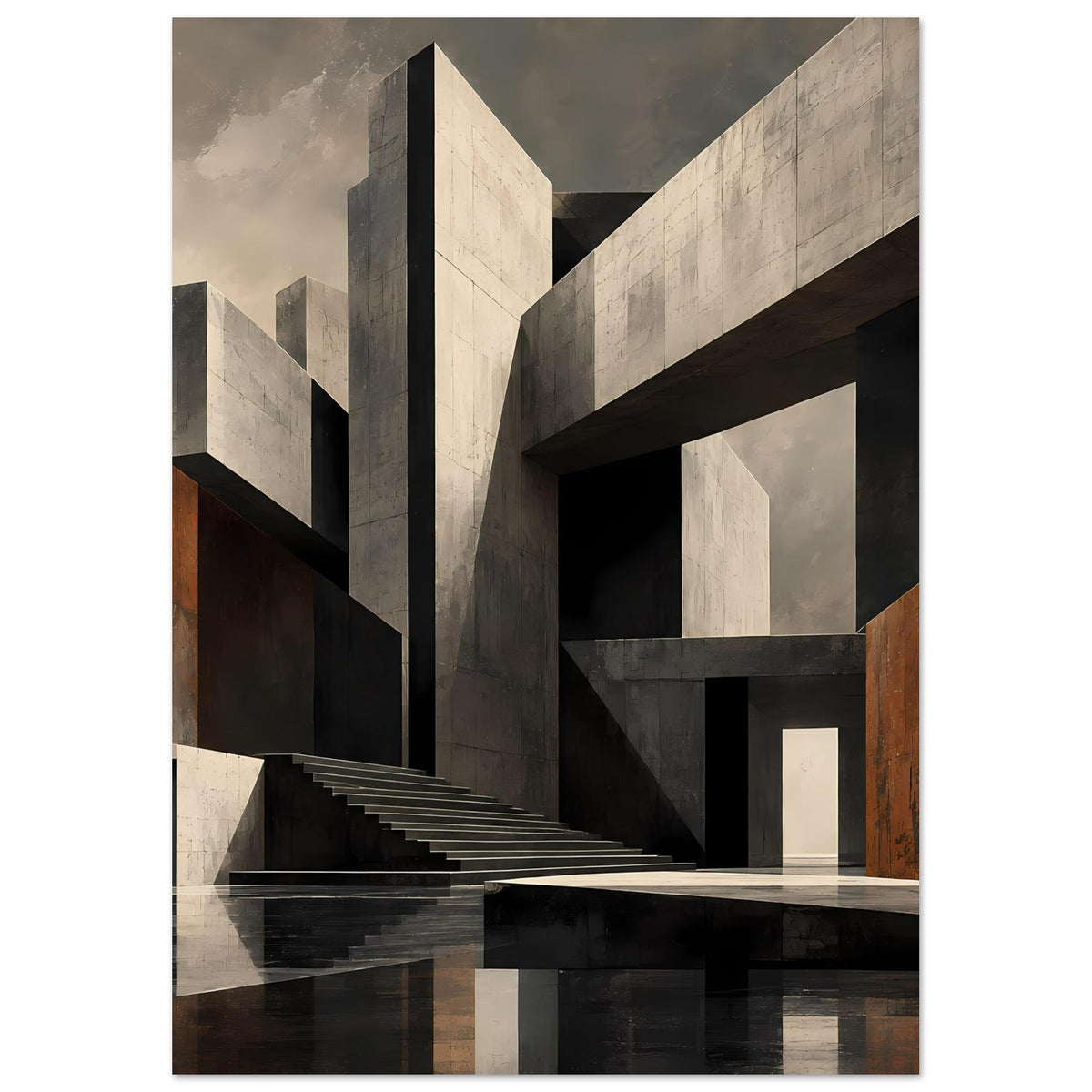 Architekturposter mit Treppe, Nischen und Betonwänden in neutralen Farbtönen