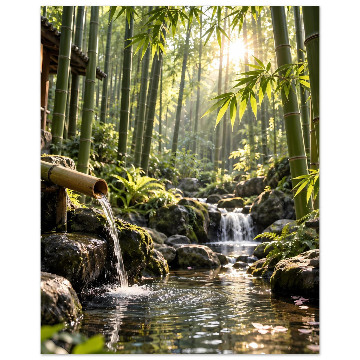 Wandposter mit Bambuswald und Wasserfall, ein Rohr spritzt ins Becken