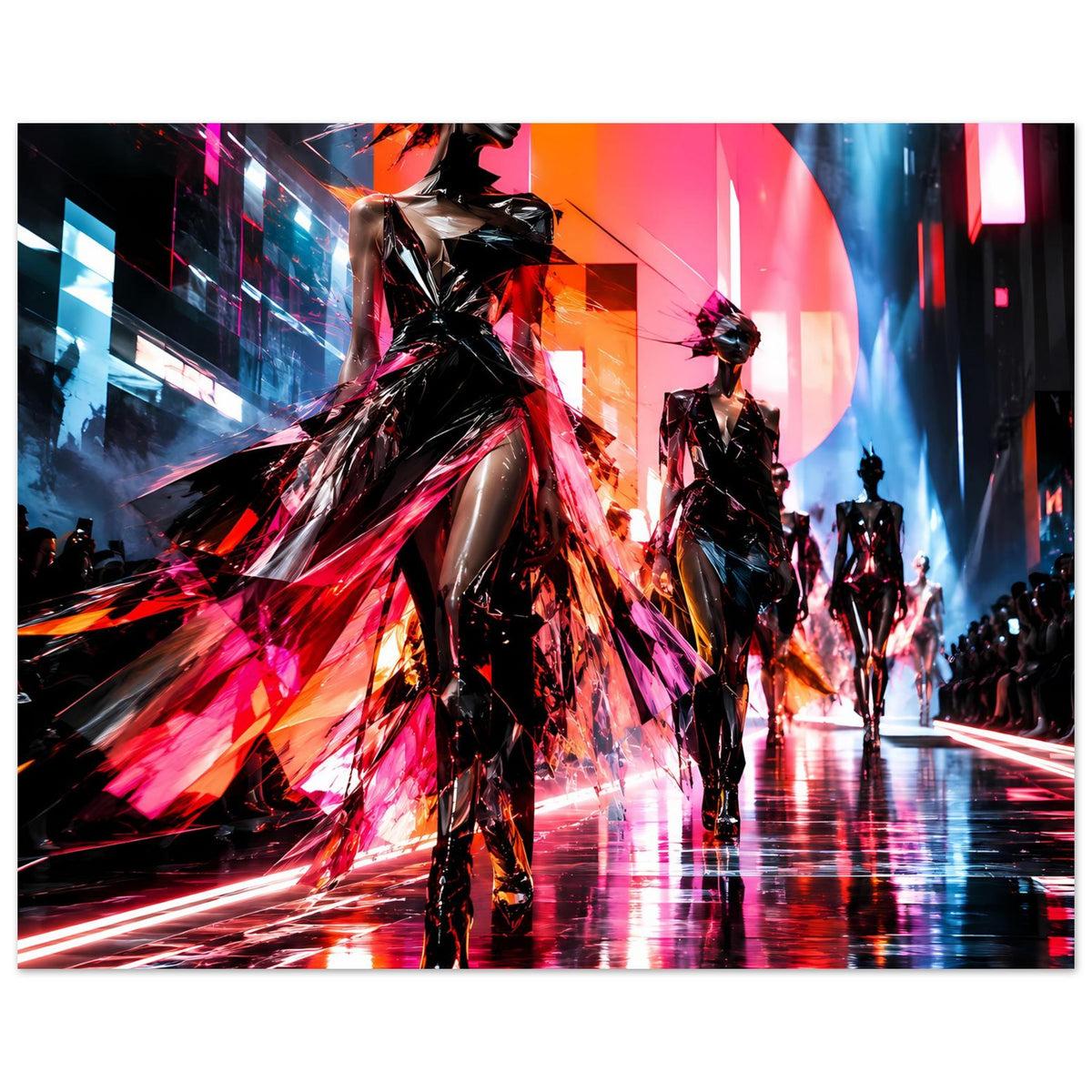 Neon-Fashion-Poster: Laufstegmodelle in glänzendem Schwarz mit Neonakzenten in Rot und Blau